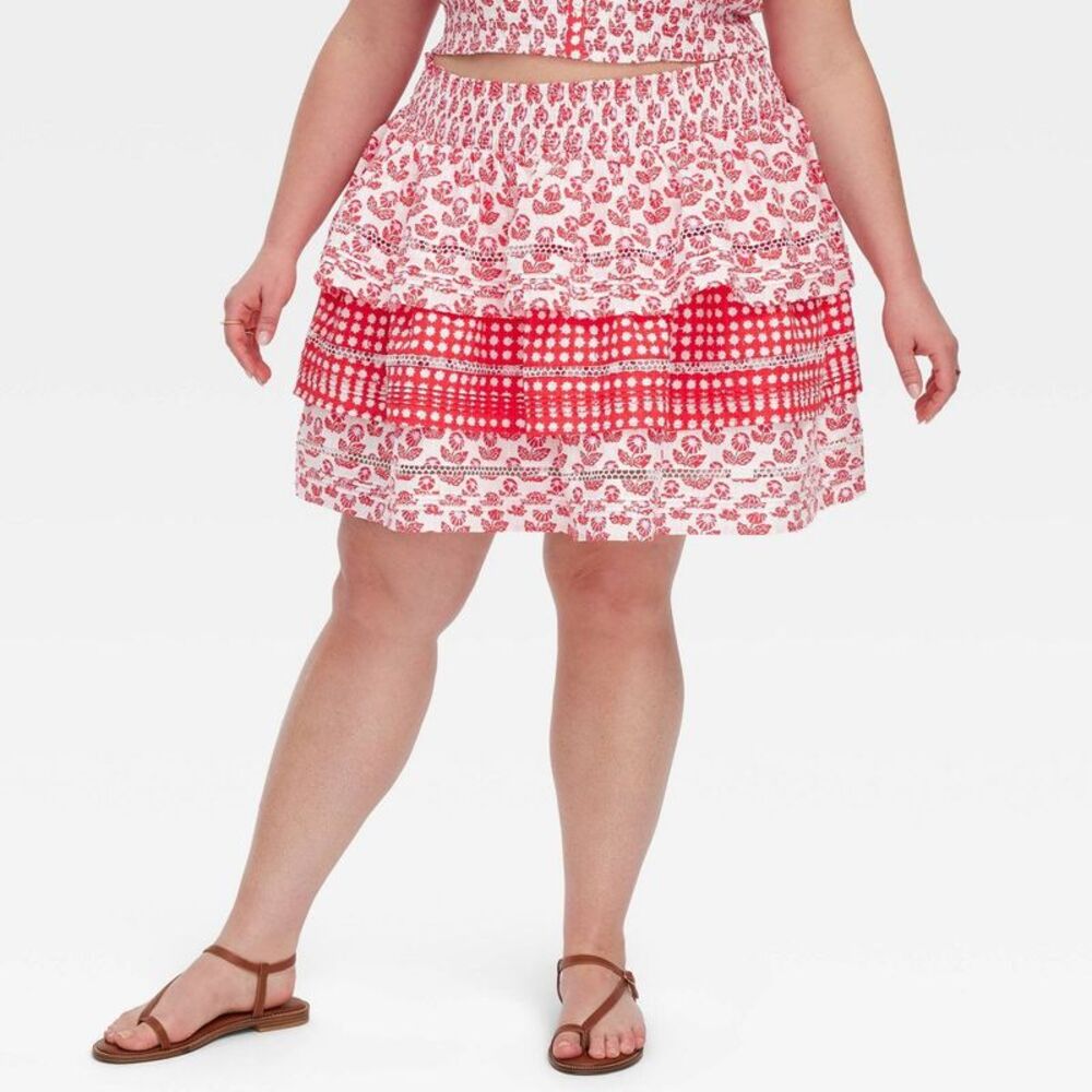 Women's Floral/Star Geo Tiered Mini Skirt Red - Roller Rabbit XXL